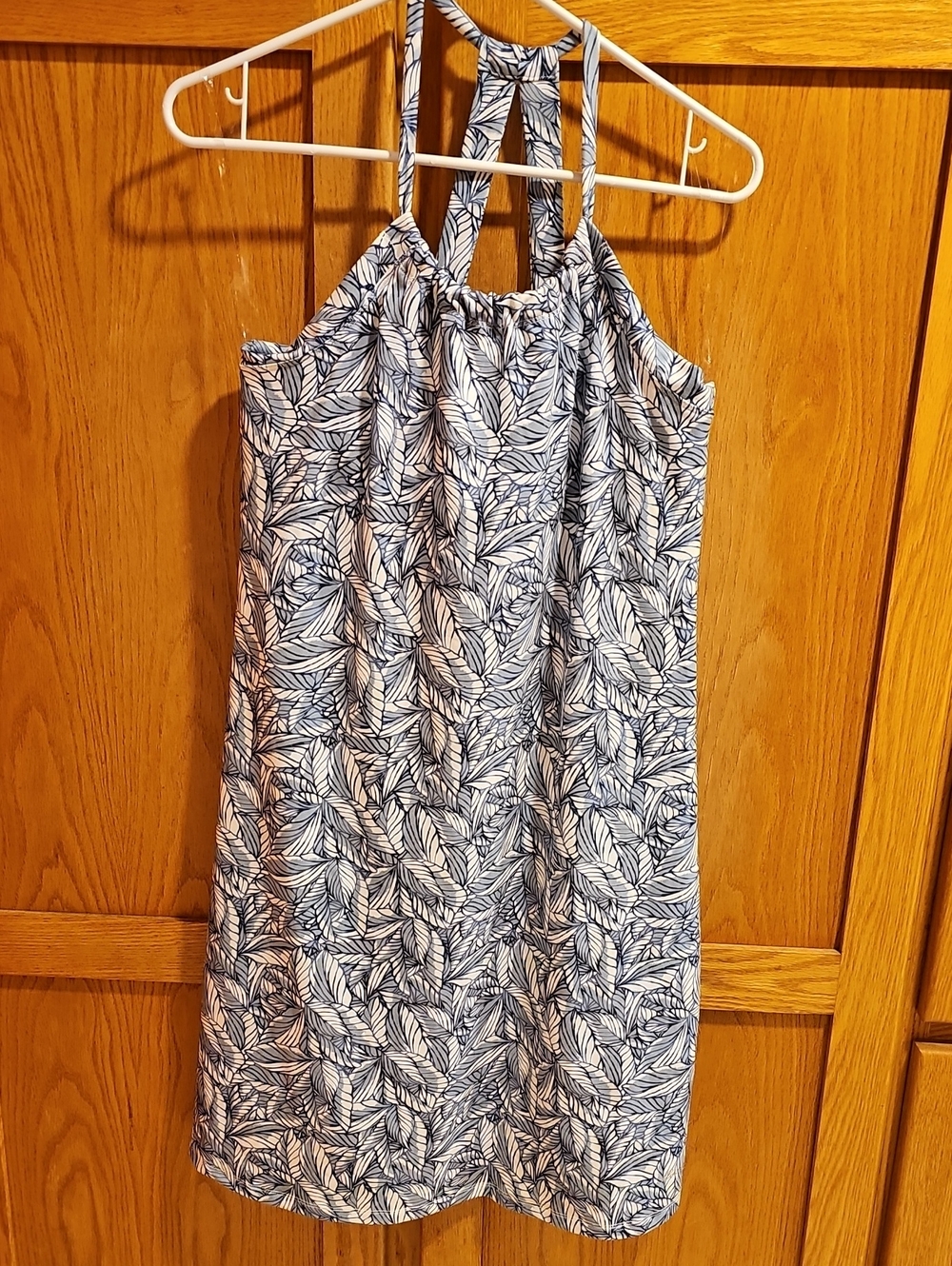 Eddie Bauer Navy and White Leaf-Print Halter Mini Dress Built In Shelf Bra